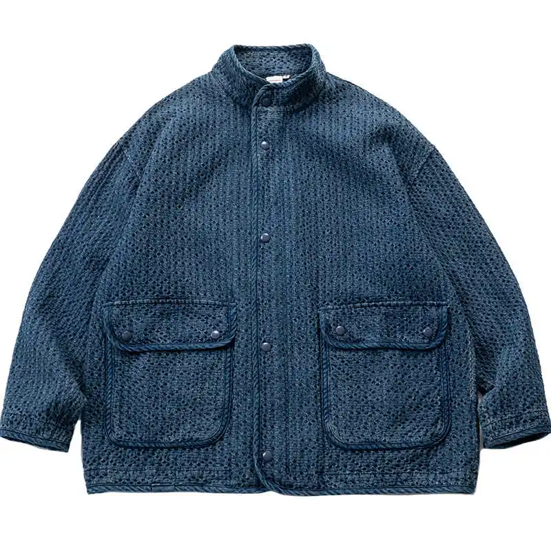 

Japanese Spring Autumn Style Men's Washed and Worn Imitation Sword Cloth Texture Stand Collar Blue Jacket for Men Fashion