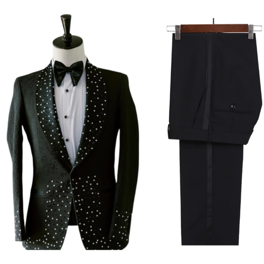 Luxury Beaded Men Suits for Wedding Party 2 Pieces Formal Groom Tuxedo Slim Fit Male Fashion Suit Jacket with Black Pants 2024