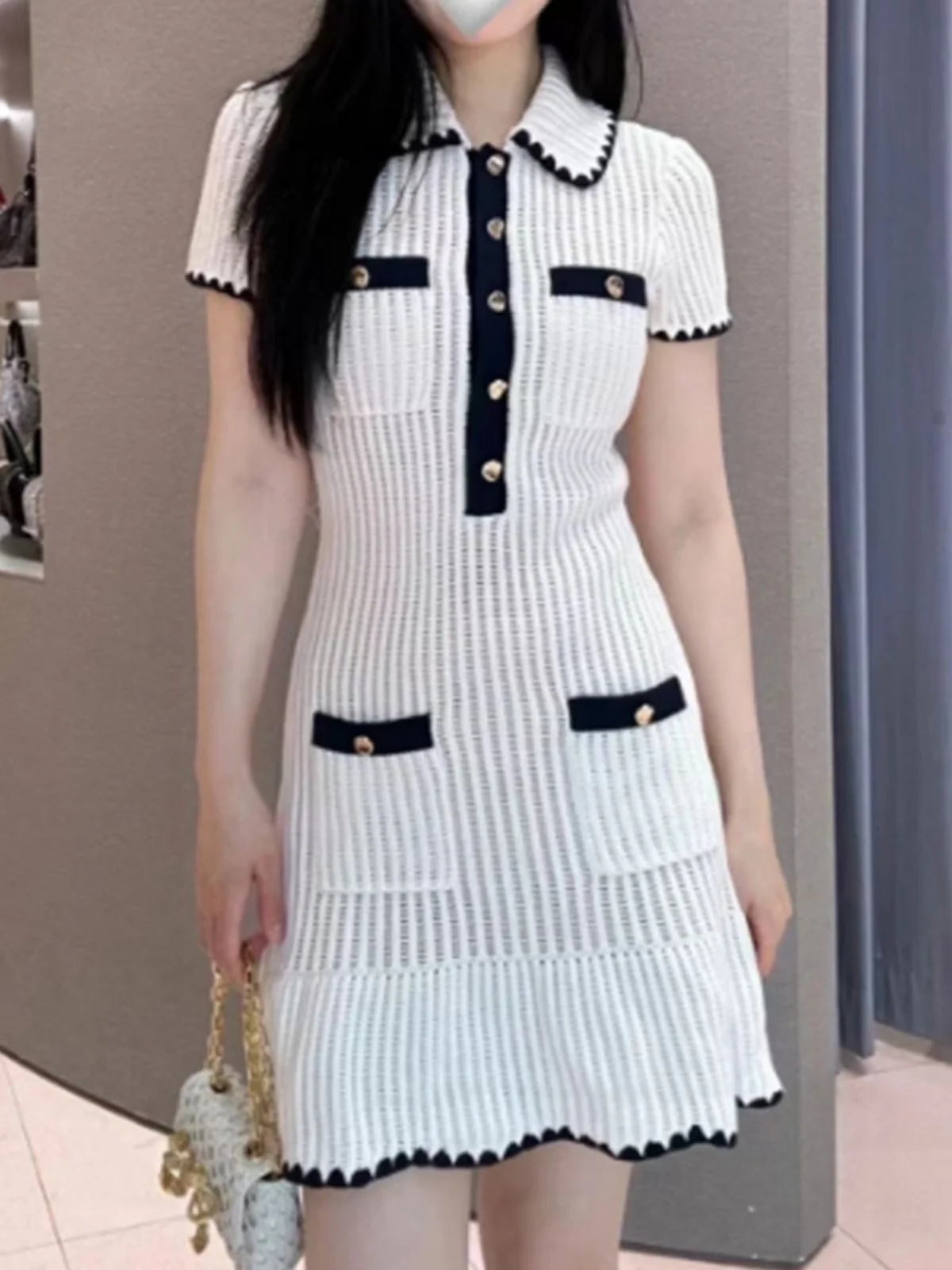 

Summer Lightweight Luxury Ivory Color Blo Collar ort Sve Knitted Dr A-Line Skirt Sli Commute Faion Women's Cl...