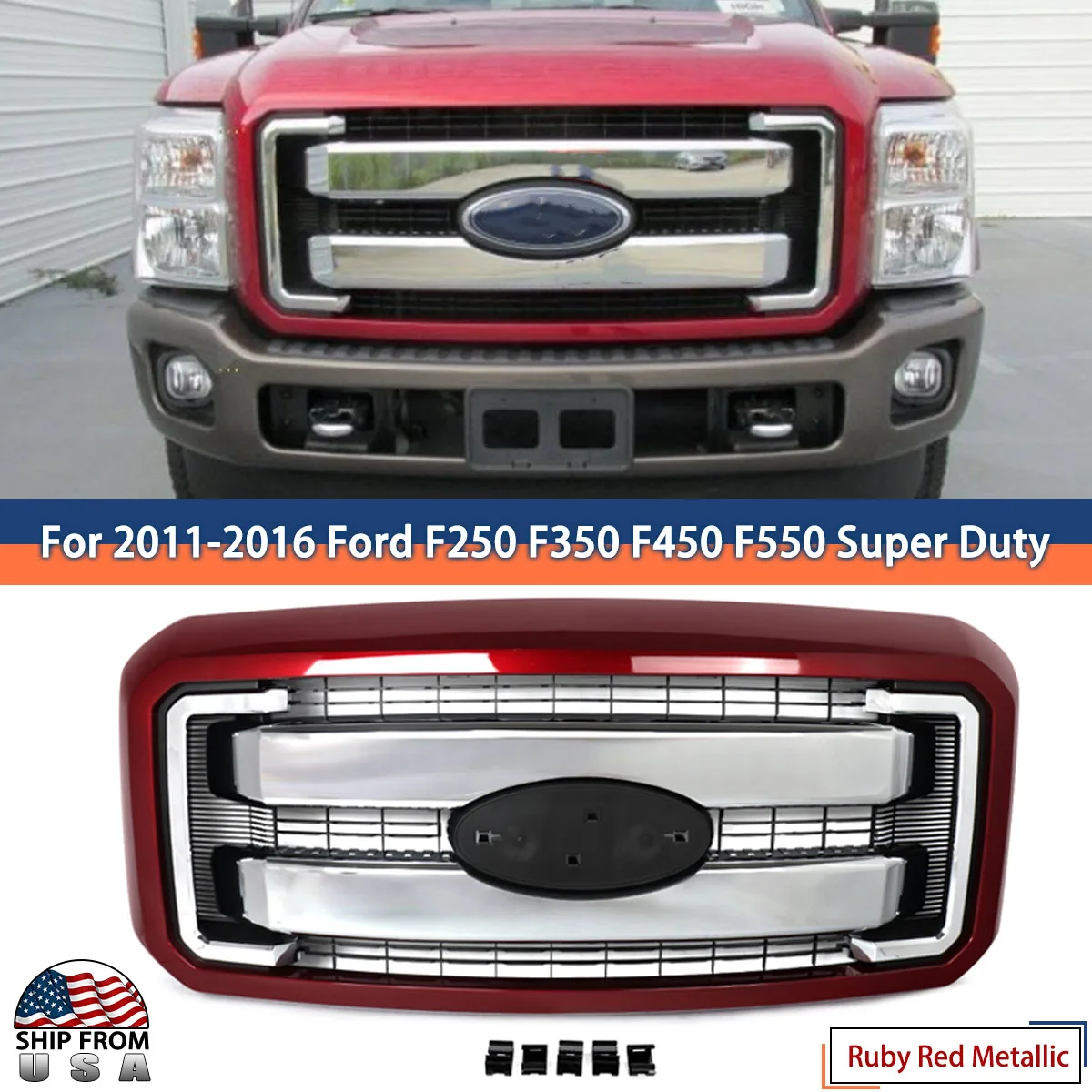 Front Grille Assembly Modified For Ford F250 Grill F350 F450 F550 Super Duty 2011-2016 Ruby Red Metallic RR Front Bumper Grilles