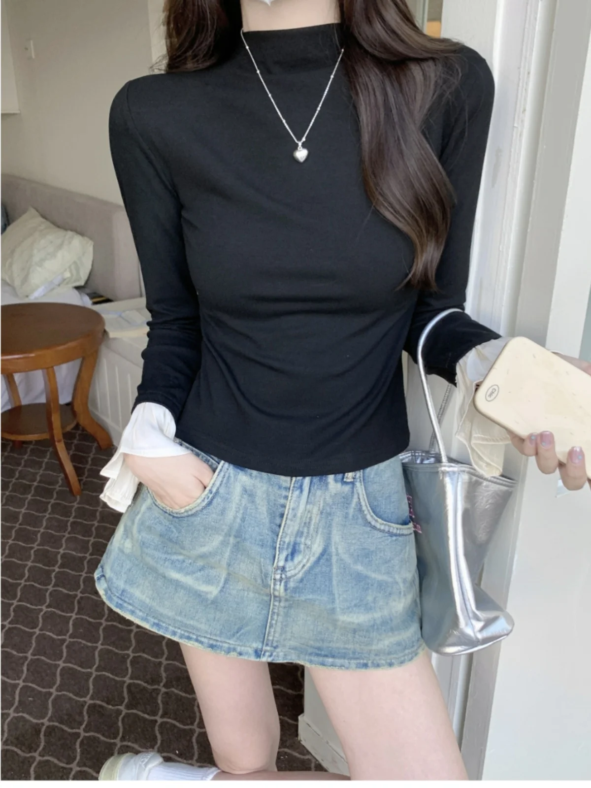 Elegant Long Sleeve T-Shirt Women's Base Layer Shirt Half High Collar Bell Sleeve Fashionable Korean Style Commute Wear