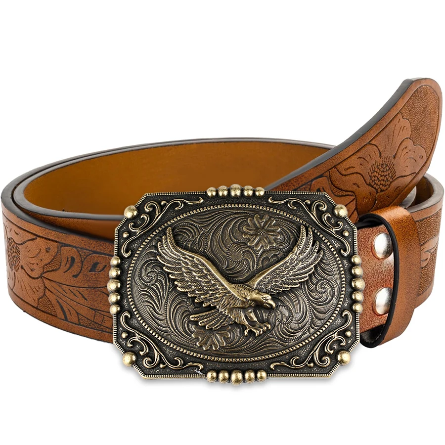 Flying Eagle Gürtel, exquisite geschnitzte große Plattenschnalle, Legierungsschnalle für Männer und Frauen – unregelmäßiges Muster, geschnitzte Blume, langes Horn