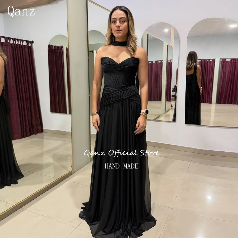 

Qanz Black Chiffon Evening Dress Strapless Long A Line Sleeveless Vestidos De Festa Elegante Robe De Soirée Femme Customized