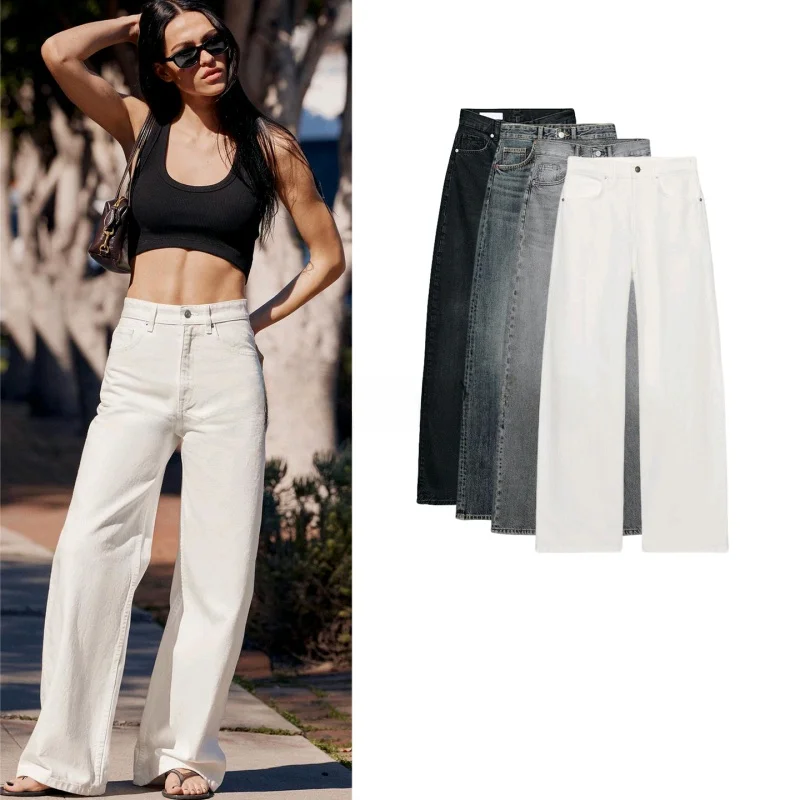 

Spring Summer New Women's Casual Metal Button Five Pocket Extra Long Wide Leg High Waist Jeans High Waist Straight Leg Jeans