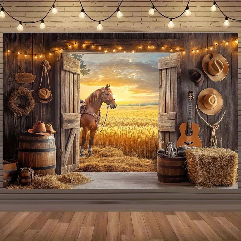 1 piece Western Cowboy background banner - polyester country farmhouse wooden door, with horses, themed parties and events