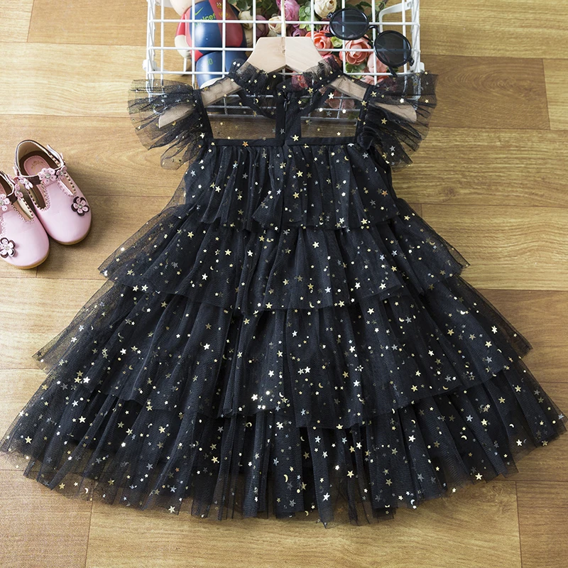 Summer Girls Ruffle Princess Dresses Sequin Shiny Cake KidsTulle A-Line Cloth 3-8 Years Children Elegant Birthday Mesh Costume