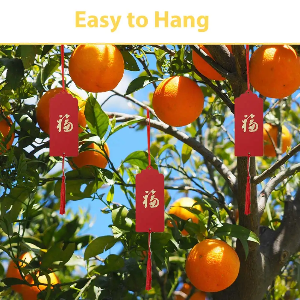 30Pcs Fu Words Tags Red Background Golden Blessing Shape Hanging Pendant Decorative Cards for Garden Home Decoration New Year