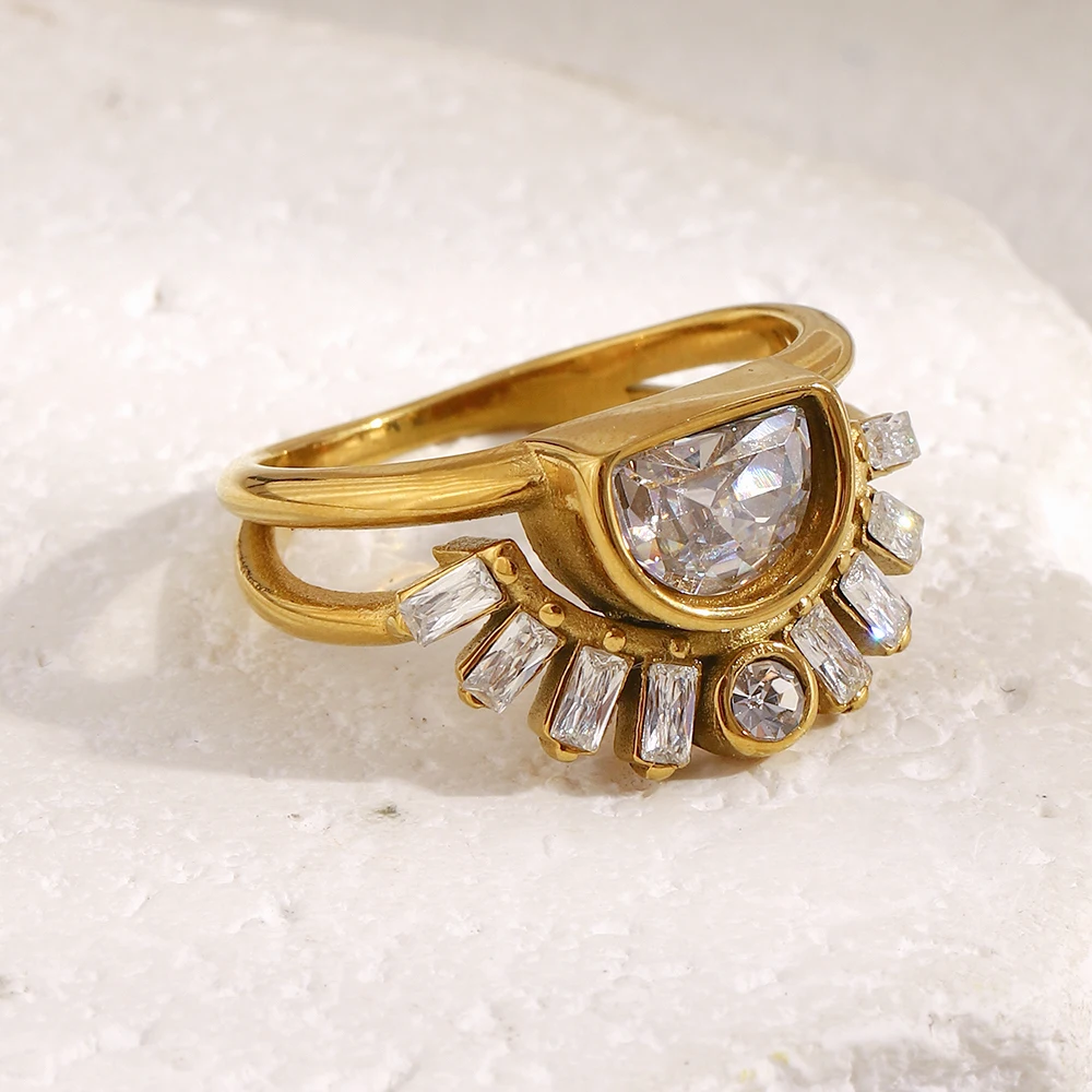 E.B.belle Edelstahl-Strass-Schmuck Eleganter Sonnenförmiger Ring Anlaufgeschützt Für Damen Geschenk Party – Detail 5