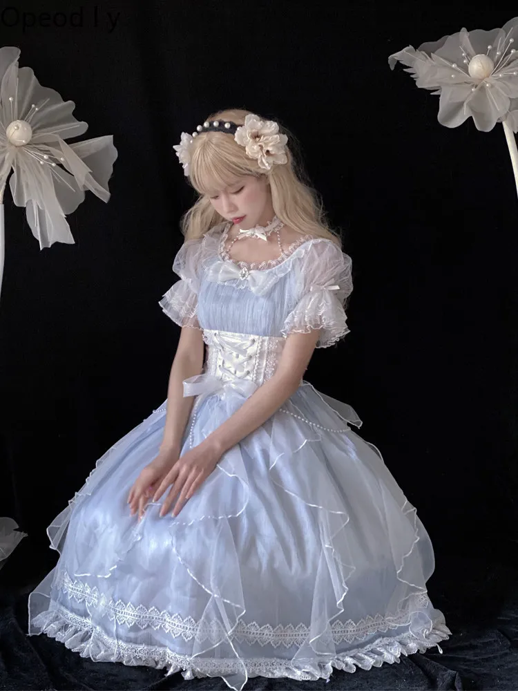 

Sweet Wedding Girl Japanese Original Olita Op Dress Daily Versatile High Waist Thin Round Neck Bow Short Sleeve Dress