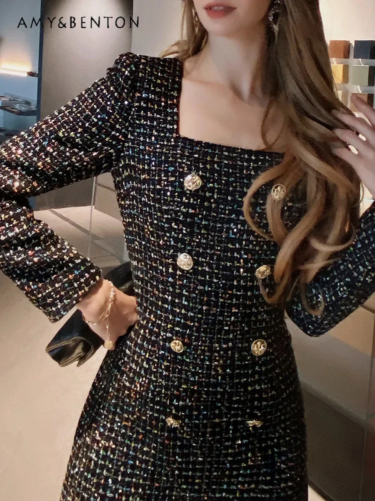 Tweed Sequined French Socialite Dress Autumn New High-end Beaded Rhinestone Sequin Slim Mini Dress Office Lady A-line Dresses