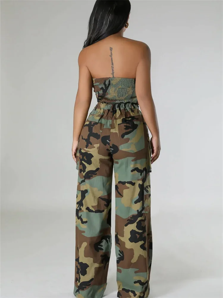 Wmstar damski dwuczęściowy zestaw Off Shoulder kamuflaż krótki Top spodnie z szerokimi nogawkami zestawy pasujące stroje dres do biegania Dropshipping
