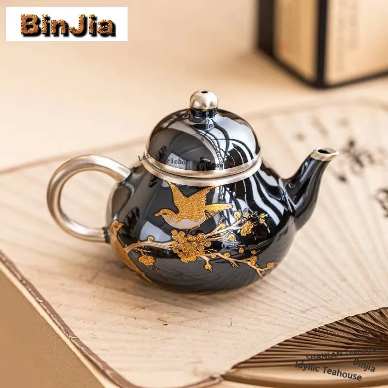 

110ml High End 999 Silver Plated Teapot Creative Joyful Flower And Bird Pear Shaped Pot Tea Making Kettle For Tea Supplies Craft