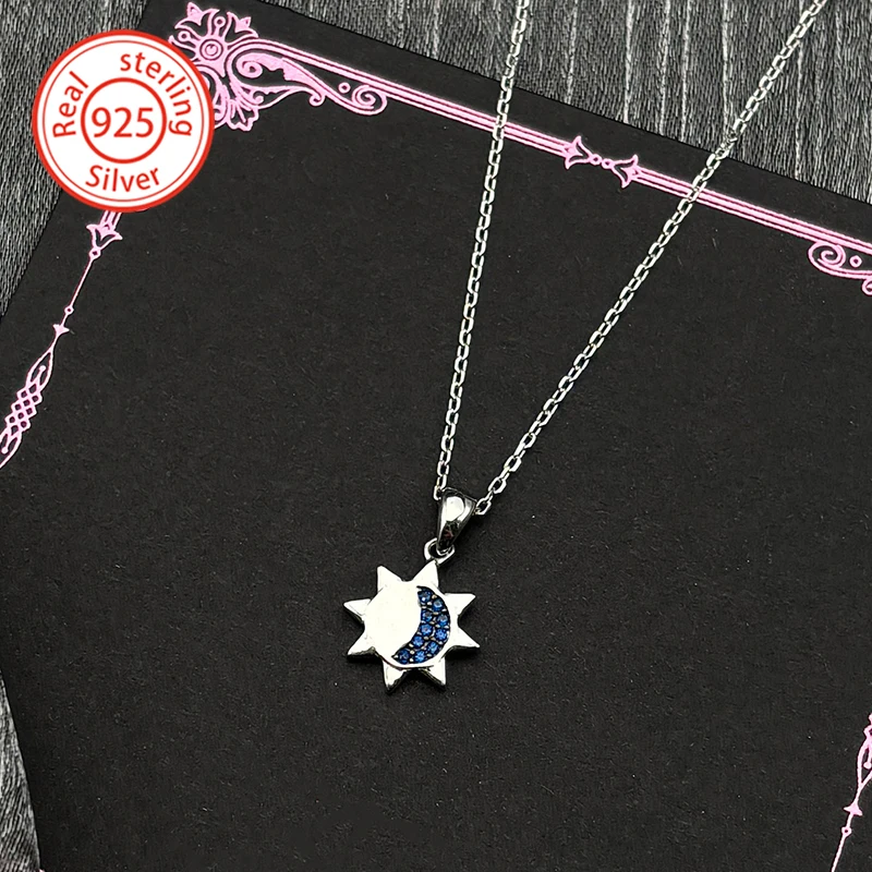 

Luxury 925 Sterling Silver Blue Zircon Moon Sun Pendant Necklace for Women Girl Simple Fashion Party Chain Jewelry Gift