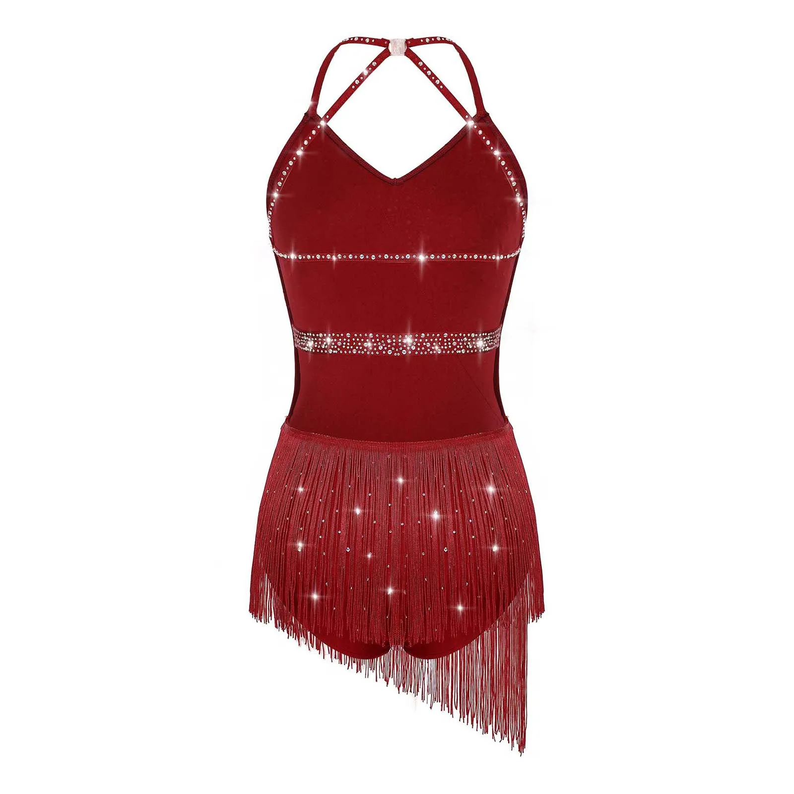 여성용 라인스톤 슬링 스커트 민소매 태슬 레오타드 발레 라틴 차차 룸바 댄스 의상 무대 공연 댄스웨어
