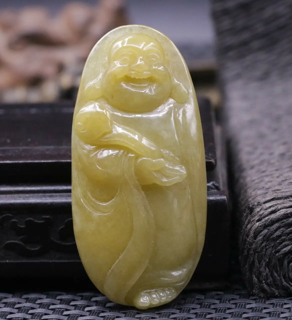 

Chinese Natural A Jadeite Jade Happy Laughing Buddha Holding Ruyi Pendant Amulet Timestown 20201126A