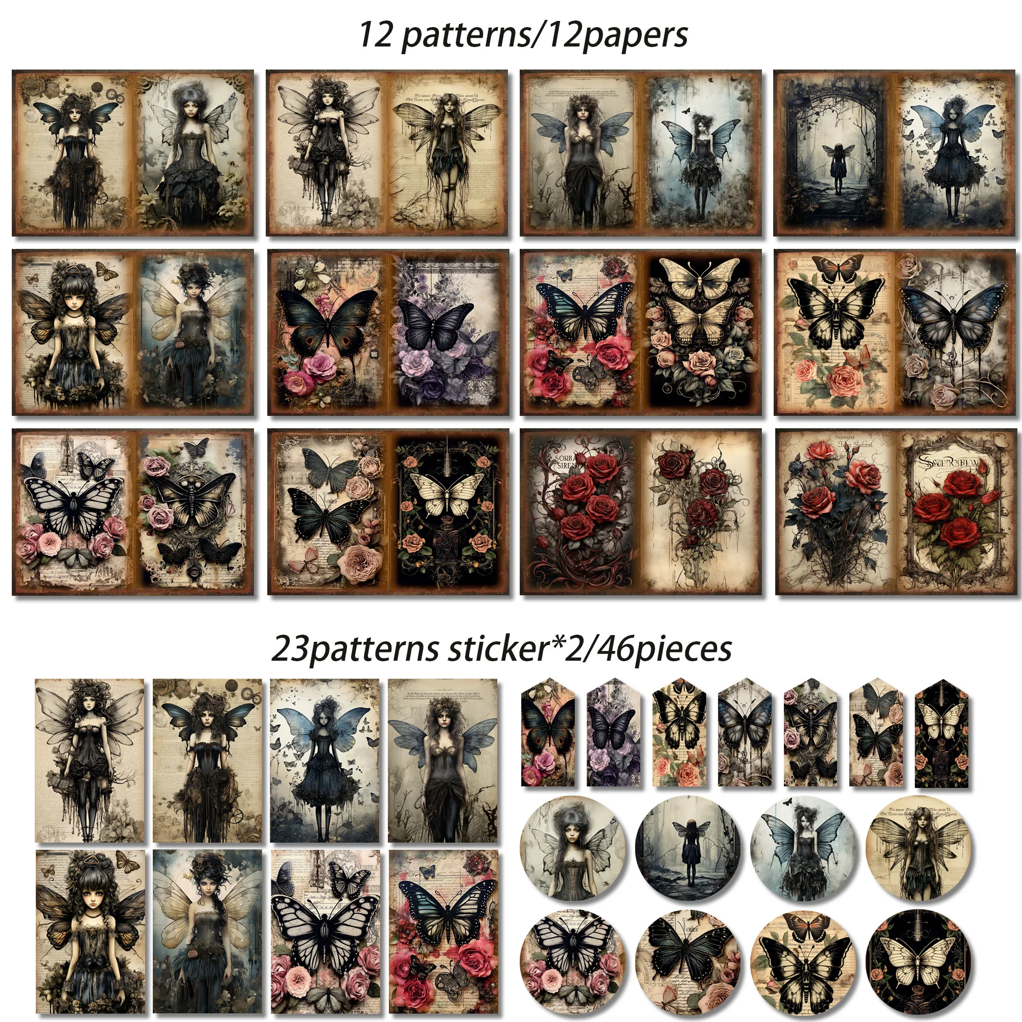 JAI IMAN 58pieces(12papers+46stickers) Gothic Butterfly Fairy Scrapbook Paper Set,Perfect for Journal Supplies,Junk Journal Kits