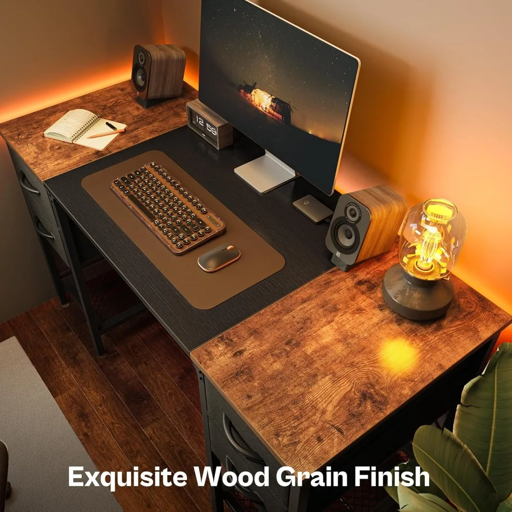 مكتب كمبيوتر مقاس 47 بوصة مع 4 أدراج قماشية، مكتب ألعاب كبير للتخزين للعمل في الدراسة المنزلية