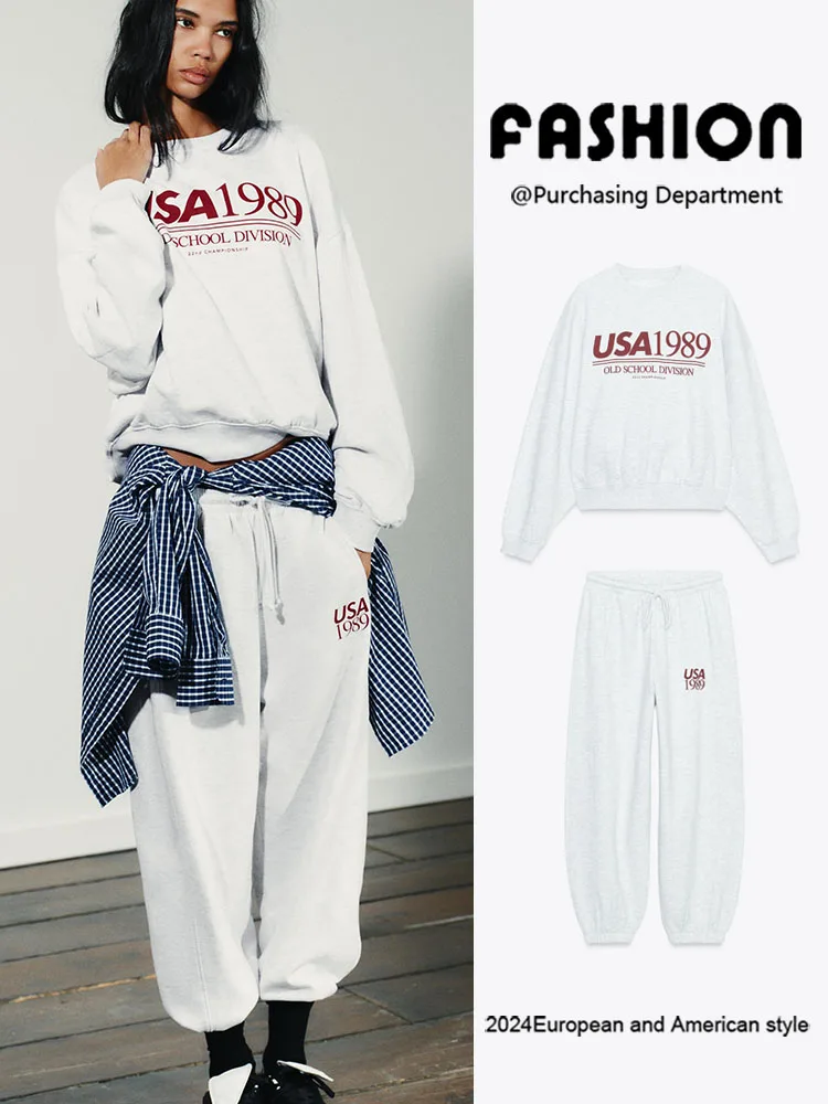 

Новое поступление, круглый свитшот и спортивные брюки для женщин ZA2025, осенняя коллекция, удобная повседневная одежда