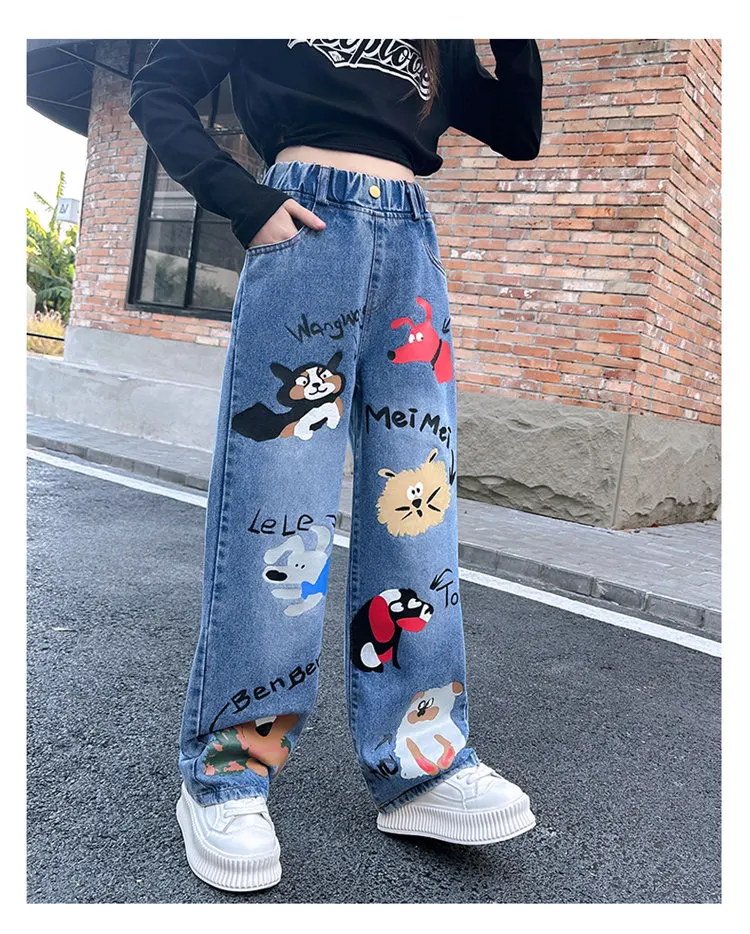 Heißer Verkauf: Blaue Jeans für Teenager-Mädchen mit Cartoon-Print, elastischem Mittelbund, lockerer Passform, Frühlingsmode, niedliche Kinderhose mit weitem Bein. – Detail 7