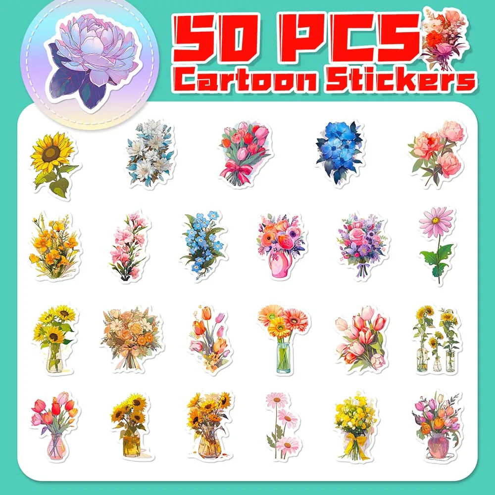 Cartoon Floral e Flor e Planta Adesivos Pack, Decalques Graffiti para Crianças, Scrapbooking, Bagagem, Laptop, Notebook, Papel de Parede, Telefone,