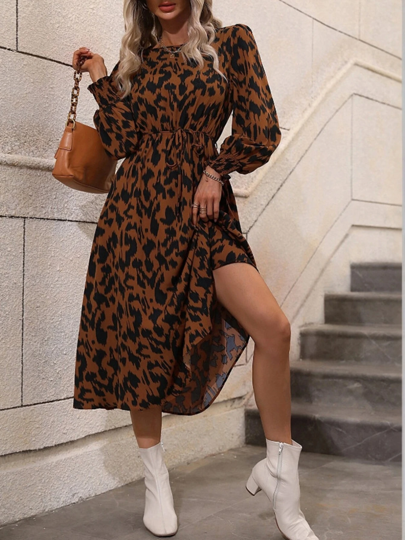 Feminino retro vintage tie dye rendas manga longa tripulação pescoço cintura alta a linha midi vestido outono férias vestido