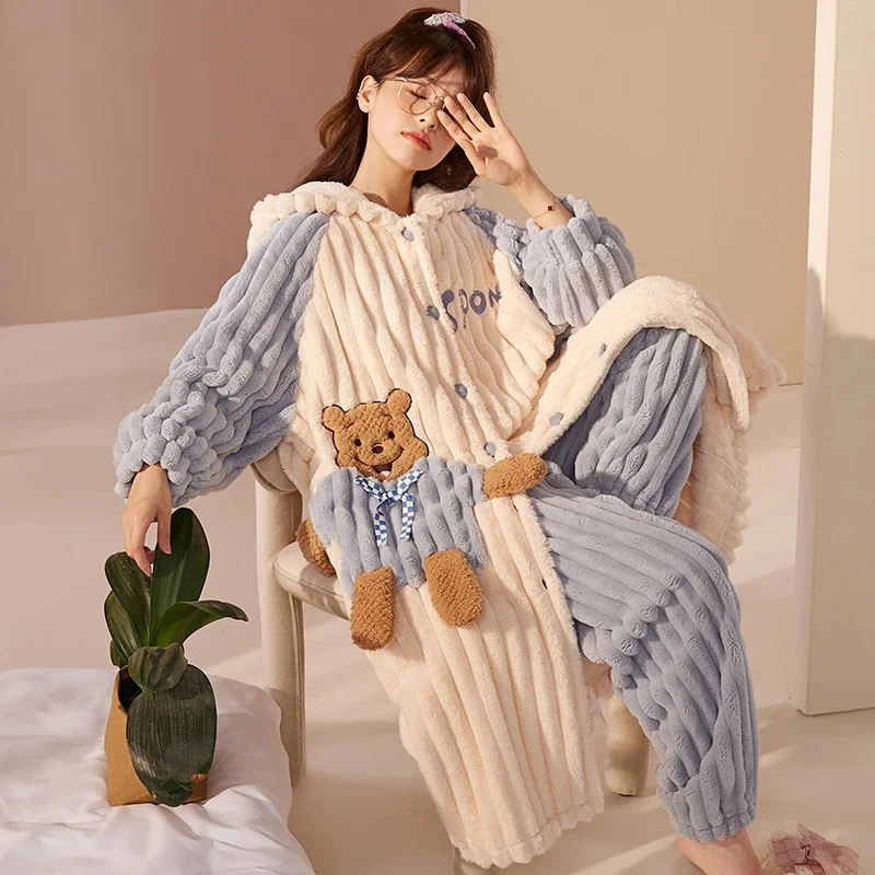 Cartoon Flannel Nightgowns Long Thick Coral Velvet Pajamas Set Women Winter Cute Bear Warm Hooded Nightdress Sleepwear Suit