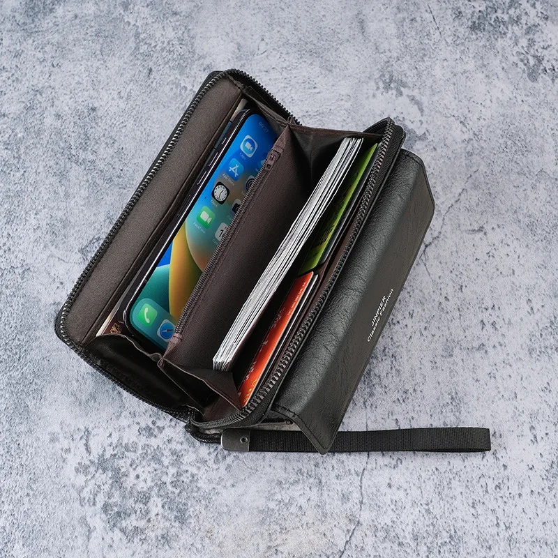 Bolso de mano de cuero con cremallera para hombre, cartera larga de gran capacidad, bolso para teléfono, tarjetero múltiple, monedero de doble capa