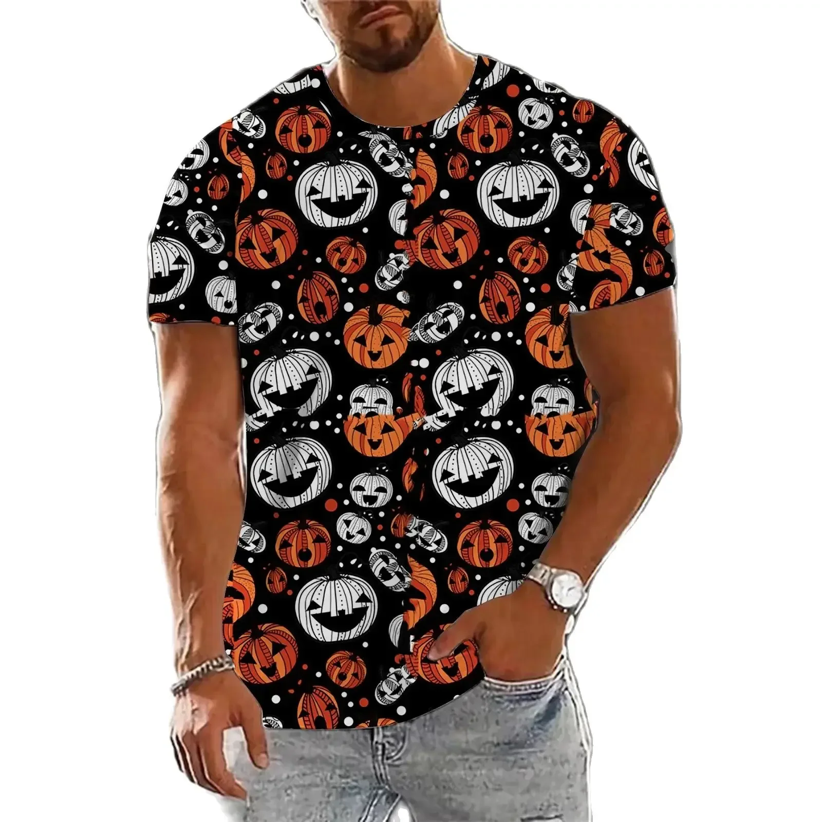 Halloween Party style T-shirt Suitable for Both Men and Women Fashion Casual 3D Printed Pumpkin Pattern Summer Short Sleeve Tees