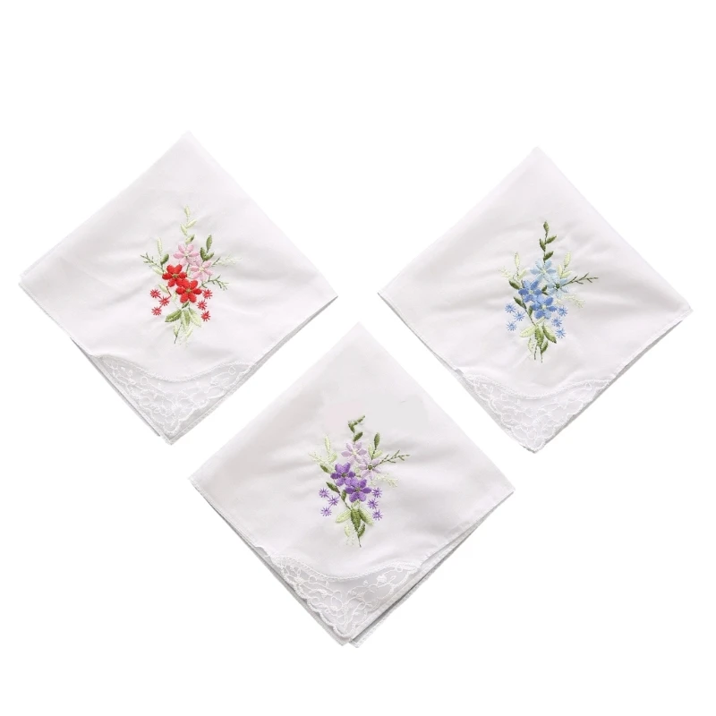 Cotton Ladies Handkerchiefs Vintage Floral Style Lace Edging Wedding Party Embroidery Women Girls Flower Hanky Drop Shipping