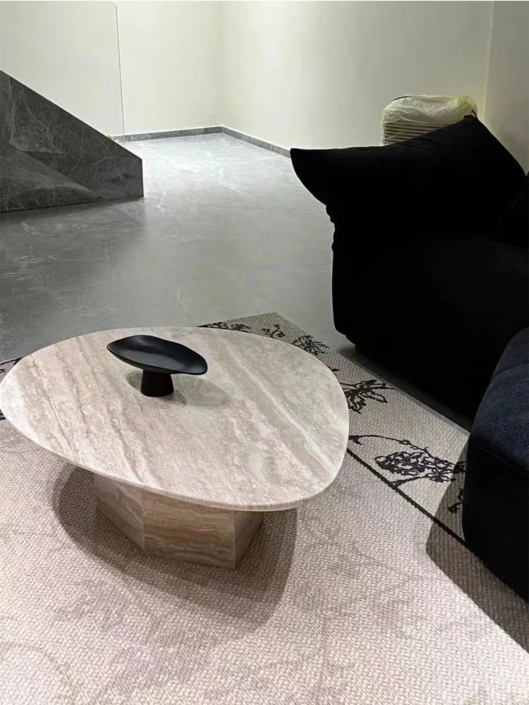 

#Light luxury, high-end natural travertine coffee table, living room, home marble, oval low , small apartment, coffee