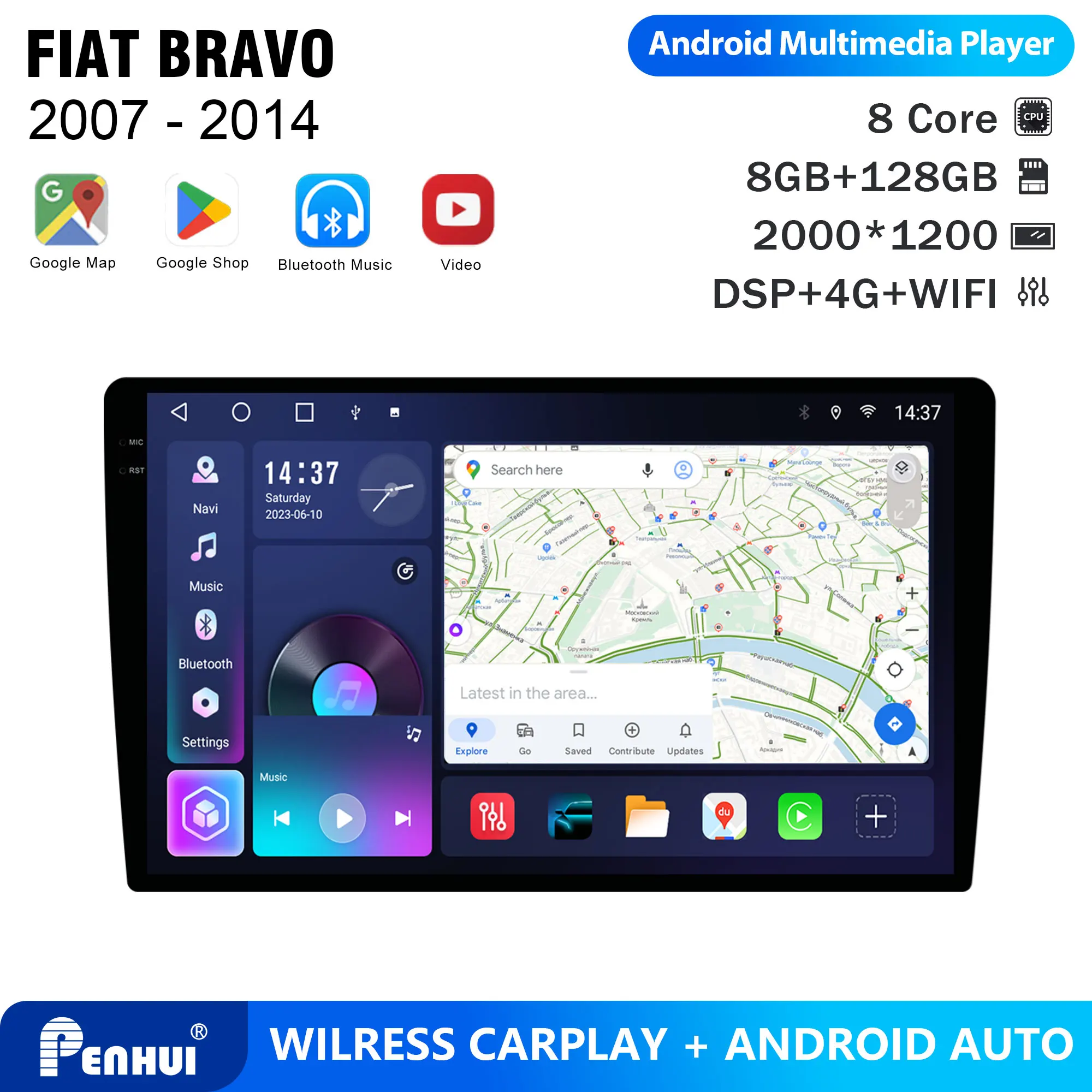 Penhui For FIAT BRAVO 2007 - 2014 Android Car DVD Player 2Din 9'' Touchscreen DSP Bluetooth Video Radio Multimedia System