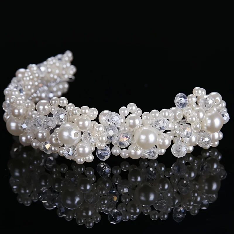 Pearl Crystal Headband Tiara Rhinestone Flower Bridal Headband For Women Bridal Wedding Hair Accessories Jewelry Band Headband