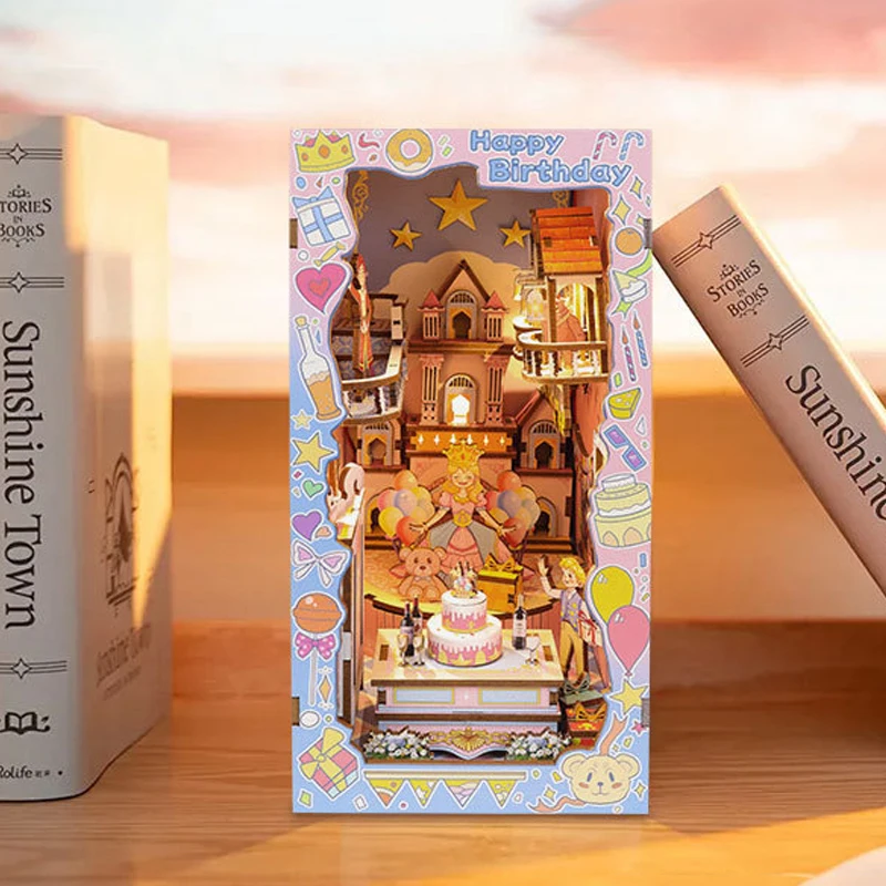 DIY Wooden Book Nook Shelf Insert Kit Happy Birthday Cake Miniature Model Kits Bookshelf With Light Bookend for Friends Gifts