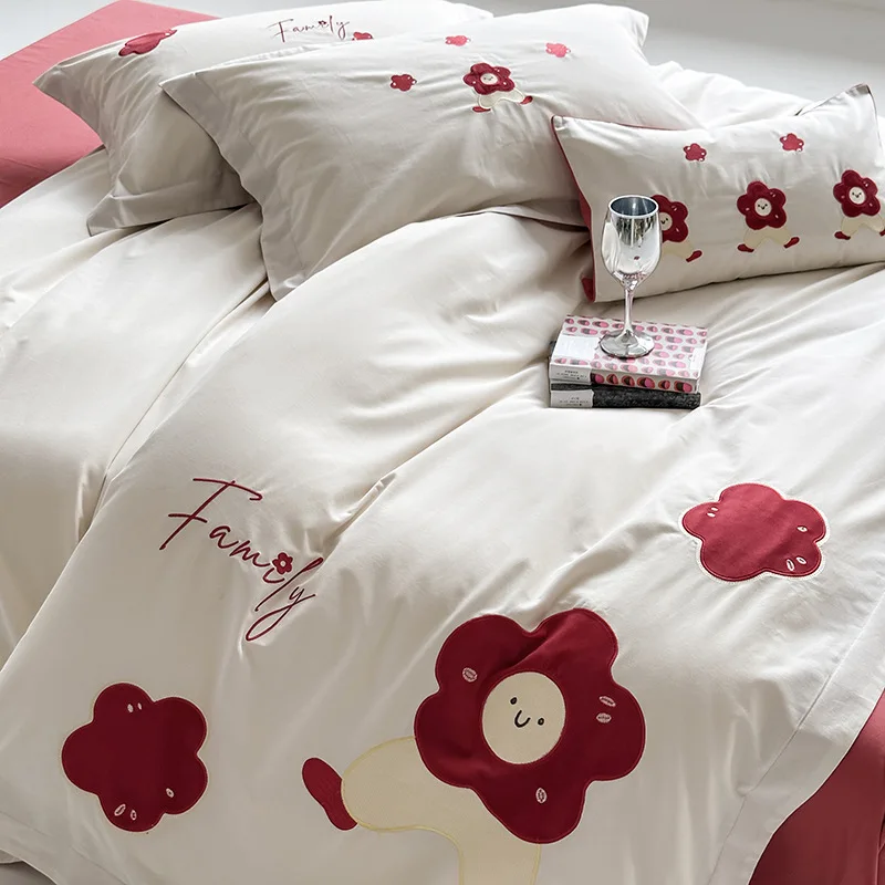 Small Fresh Thickened Cotton Matte Four Piece Set Embroidered Pure Cotton Quilt Cover for Warm 1.8m 1.5 Bedding