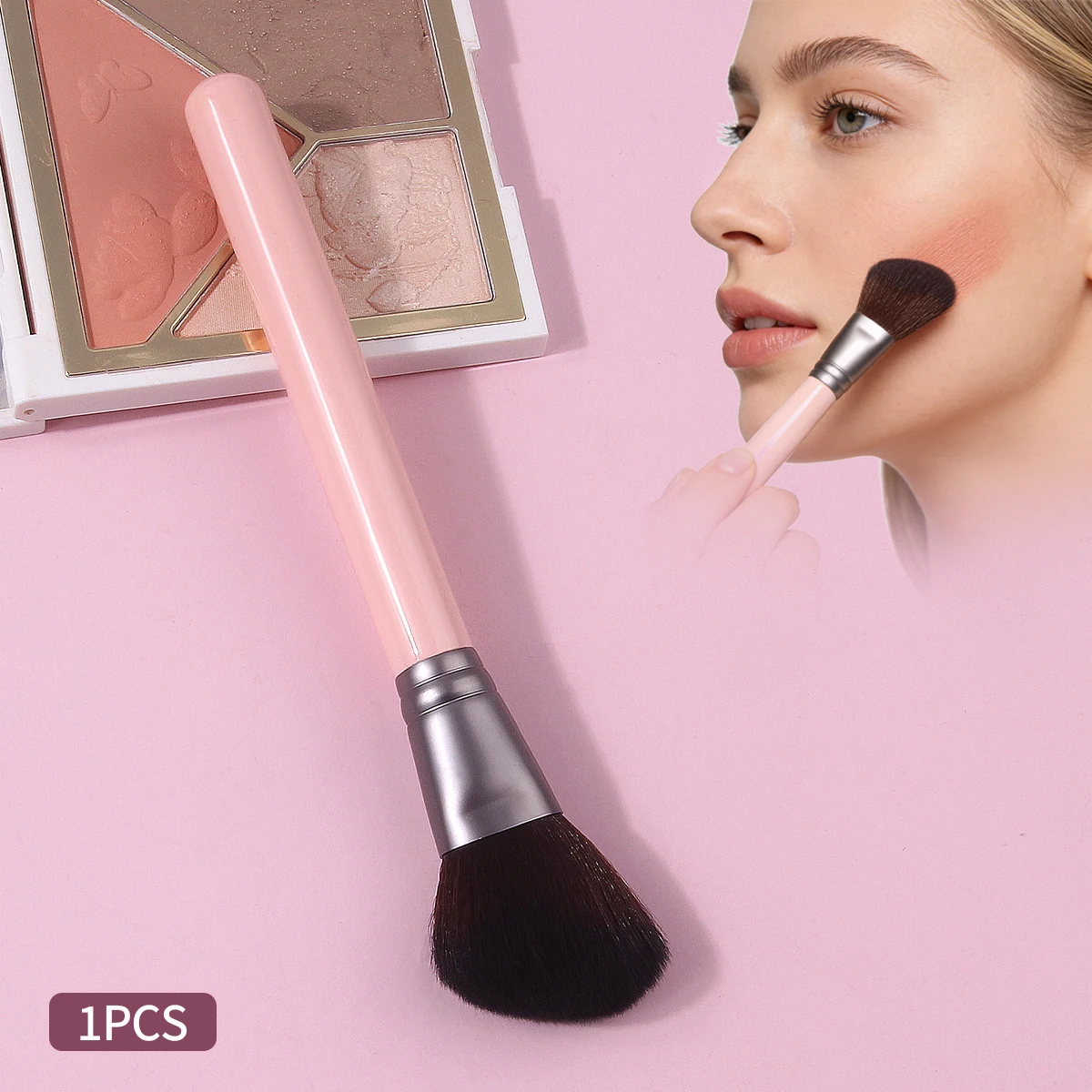 1PCS Pink blush brush Slope brush Wooden handle contour brush Powder brush Makeup tools,Washable Household Outdoor unisex