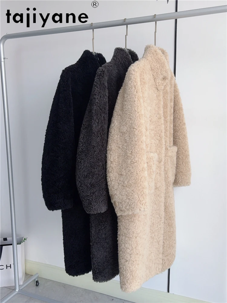 معاطف من الصوف الطبيعي 100% من TAJIYANE للنساء على الطراز الكوري سترة طويلة للقص 2025 ملابس خارجية شتوية ملابس نسائية