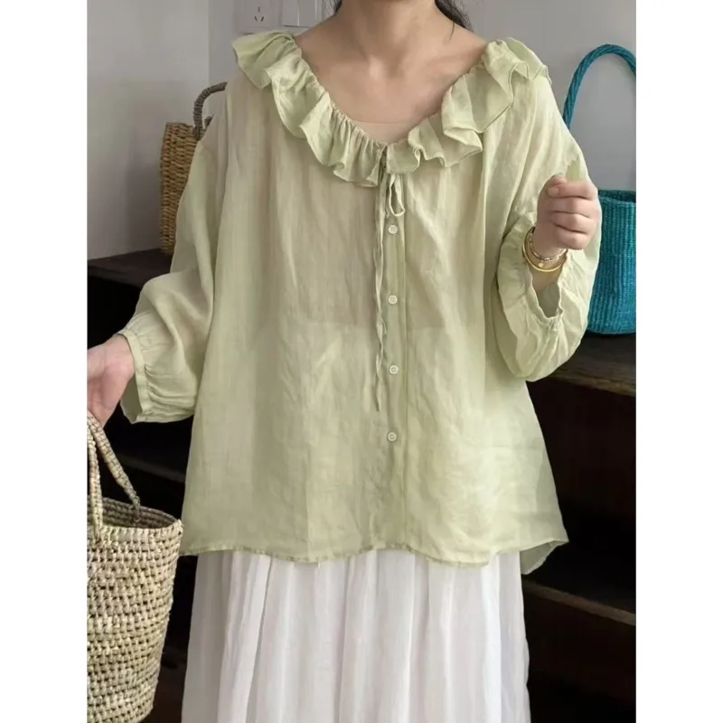

Johnature Simple Ruffles Loose Ramie Three-quarter-sleeve Shirt 2025 Summer New Thin Sunscreen Tops