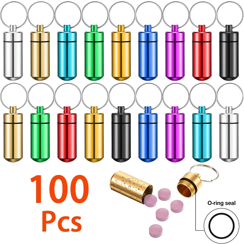 100Pcs Mini Pill Box Keychain Waterproof Aluminum Geocaching Container Tube for Outdoor Camping Travel