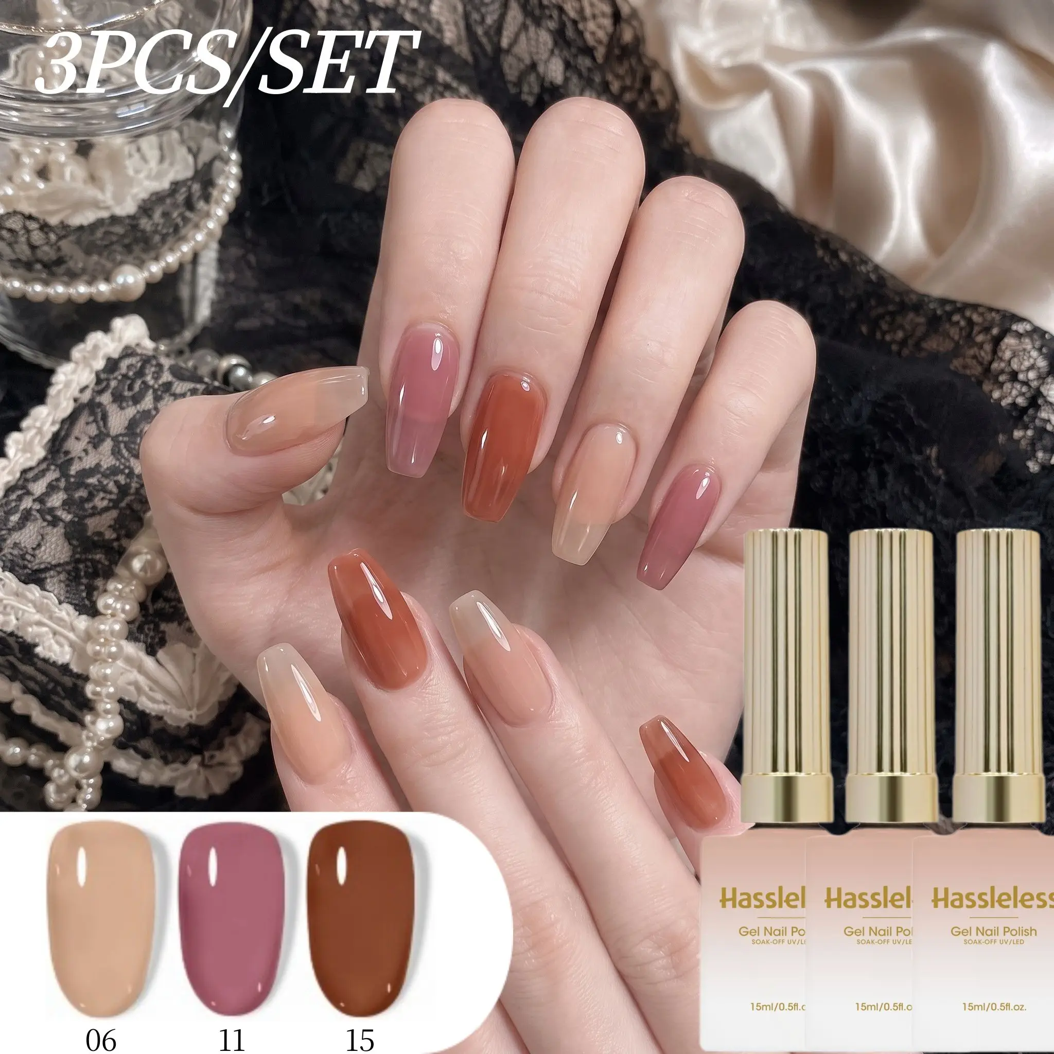 Hassleless 3Pcs Nail Polish Gel Set 15ml Uv Nail Polish Gel Nude Caramel Translucent Nail Gel Long-Lasting Whitening Home DIY Nail Art Set