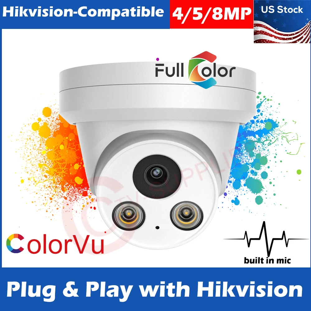 Hikvision-Compatible Onvif (8MP 5MP 4MP 2.8mm Lens) Color-Night Built in MIC IP Camera Poe Turret Outdoor