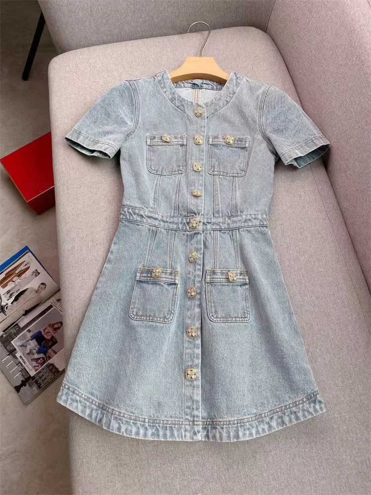 Summer New Fashion Denim Dress for Women Elegant Colorful Diamond Buttons Short Sleeve Pockets O-neck Mini Robe Female 2024