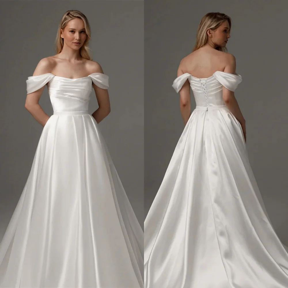 

Customized Exquisite White Satin Wedding Dresses High Quality Off the Shoulder Dreamy Midi Dresses Wedding Party Dresses