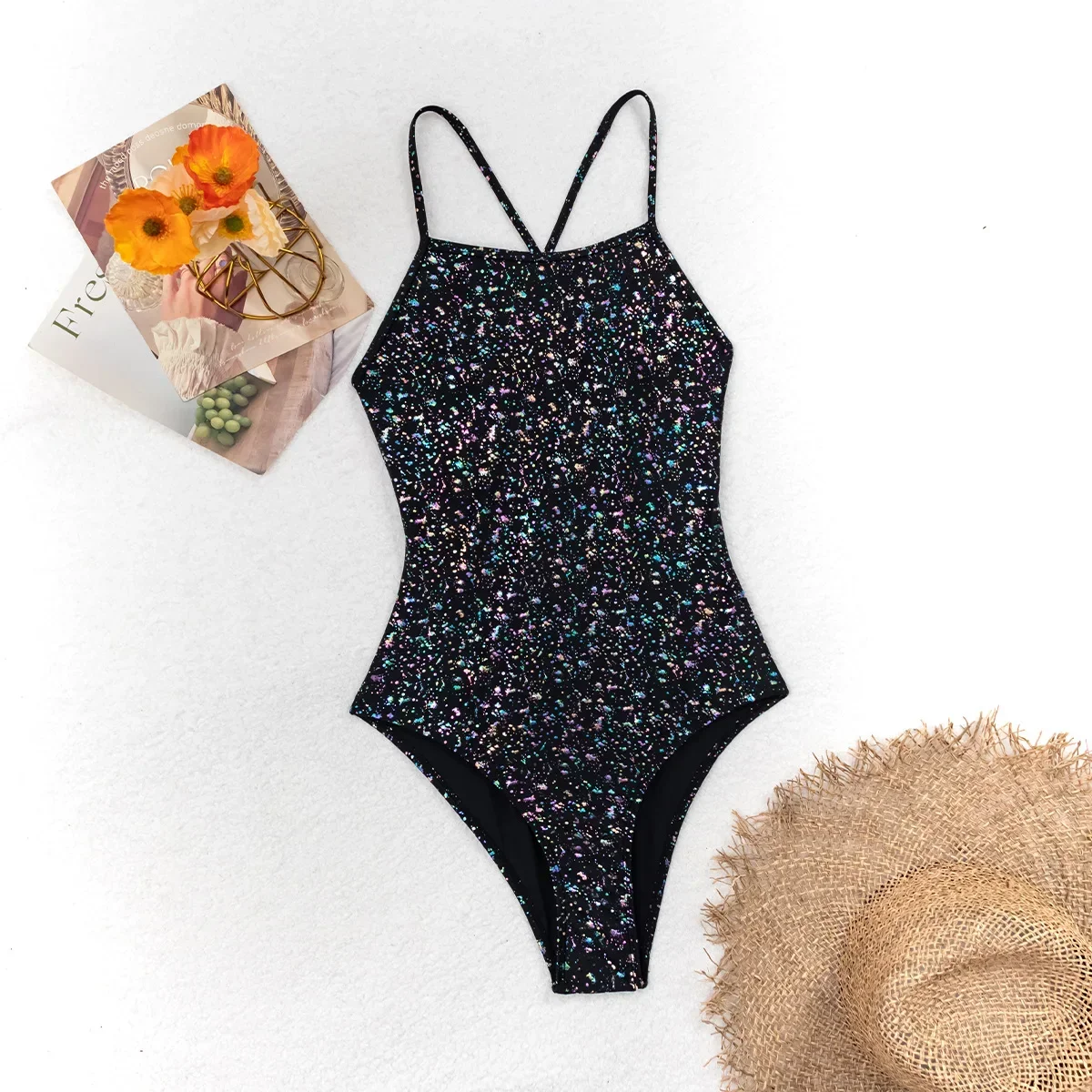 Women's High-End Printed Conservative Professional One-Piece Swimsuit, Racing Suspender Backless Sexy Style