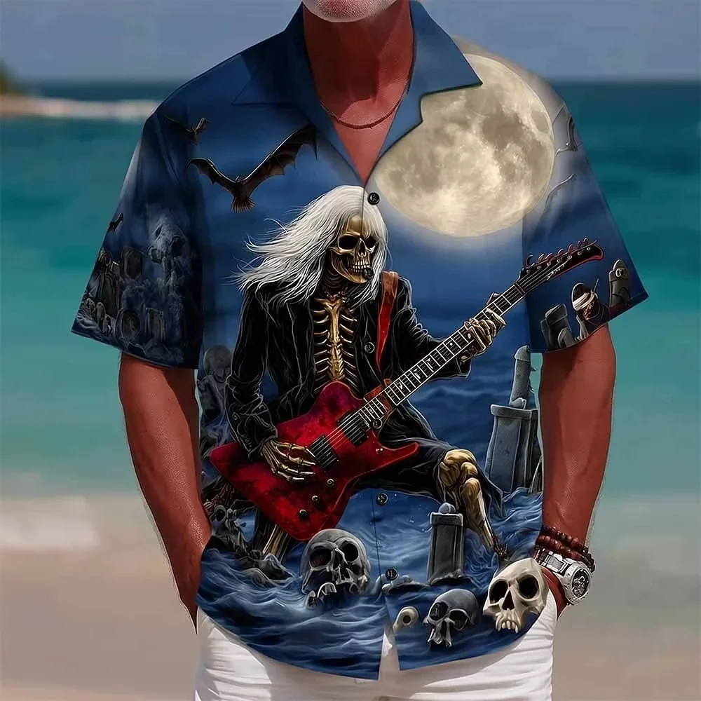 Men's Grim Reaper Guitar Skull 3D Print Short Sleeve Shirt Retro Music Festival Holiday Daily Tops Blue Brown Gray Spring Summer