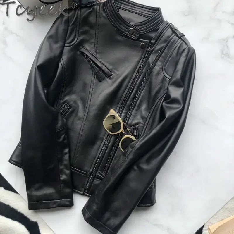 

Tcyeek Genuine Leather Jacket Women Stand Collar Top Layer Sheepskin Coat Korean Fashion Women's Leather Jackets Autumn Clothes