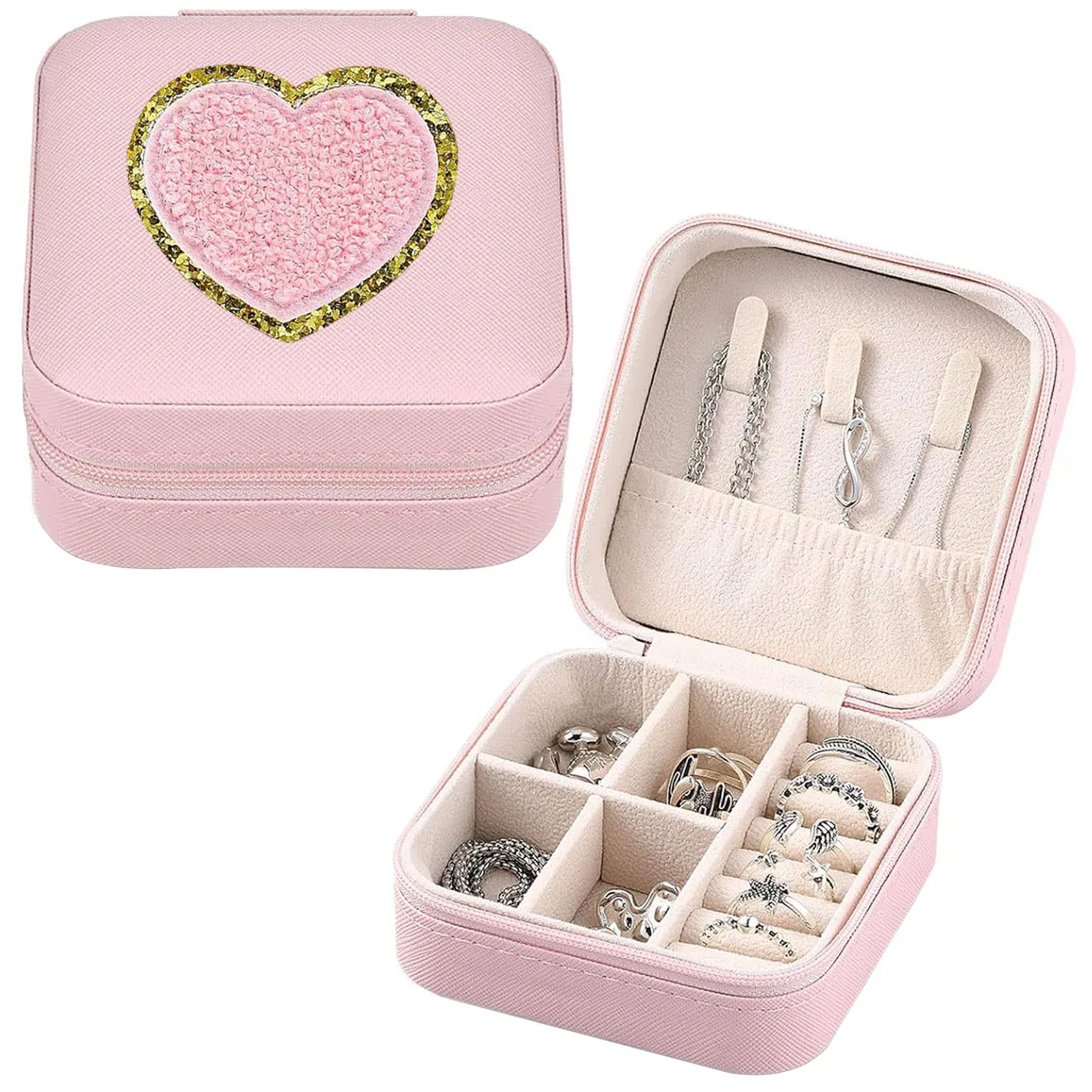 

Мини-футляр для ювелирных изделий с сердечками из синели, маленькая шкатулка для драгоценностей, дорожный органайзер для ювелирных изделий, подарки на день Святого Валентина для нее