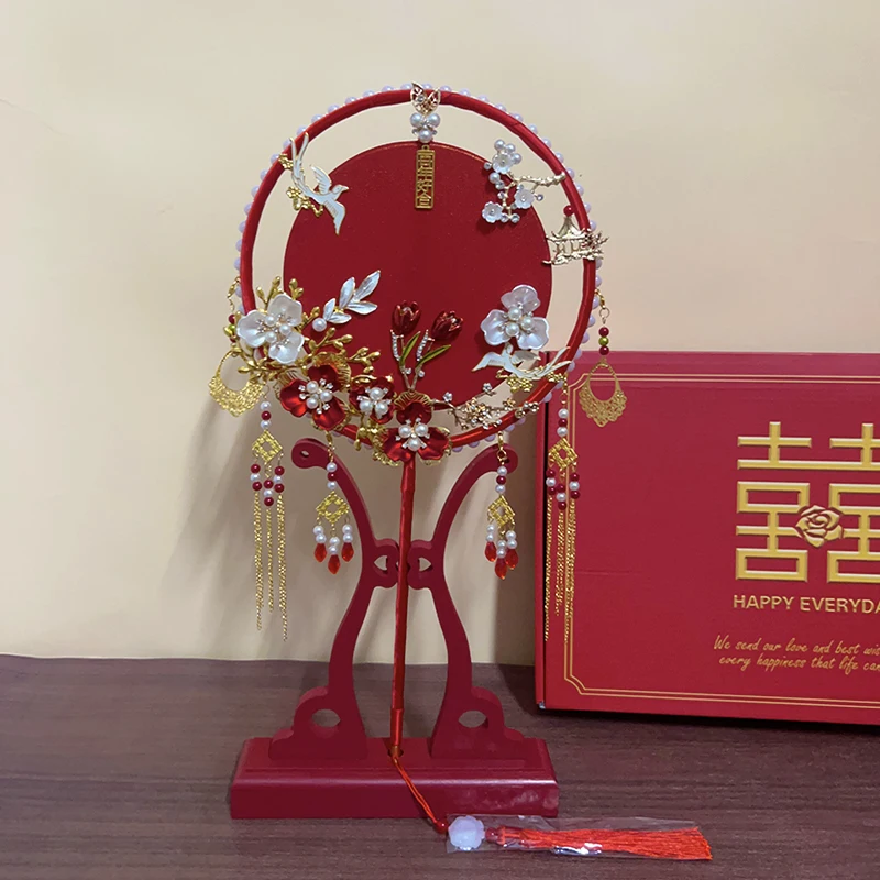 Chinese Wedding Hand Fan, DIY Wedding Gift, Creative Room Decoration, Double Ring Red Flowers, Bride Hand Flowers, 2024, New