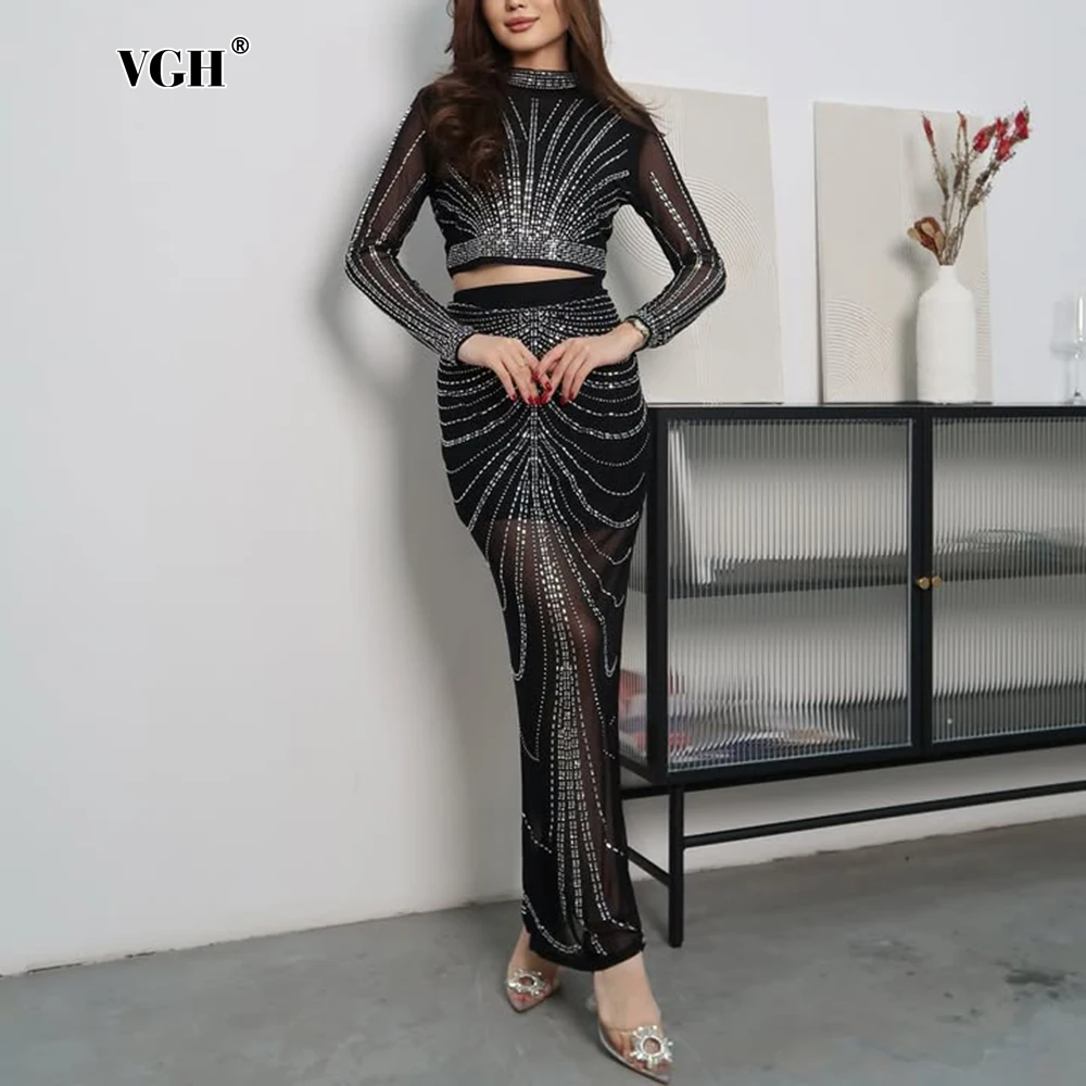 

VGH модный лоскутный комплект из двух предметов с бриллиантами для женщин, топ с воротником-стойкой и длинными рукавами, юбка для похудения с высокой талией, женские комплекты для вечеринок