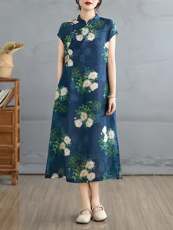 

Ele Хлопково-льняное платье Qipao Dr Vintage Sle Svel длиной миди для женщин среднего возраста, дышащее летнее модное платье