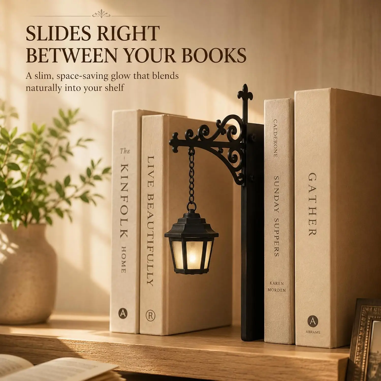 Bookend with Hanging Lantern LightVintage Wrought Iron Book Holder No Tool Install Witch Ghost Lamp Bookshelf Halloween Decor